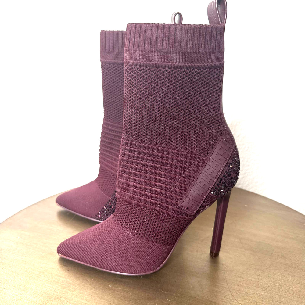 Knit Pointed-Toe High Heel Ankle Boots in Plum